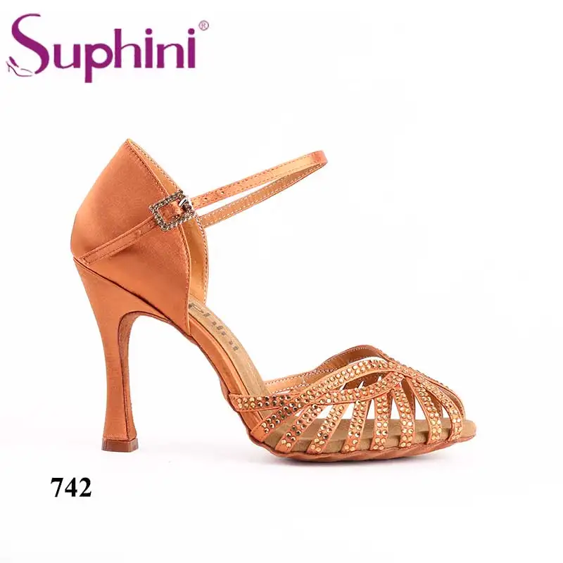 Suphini черный атлас со стразами ручной работы Женская Профессиональная Сальса латинские танцевальные туфли - Цвет: Deep tan 10cm heel