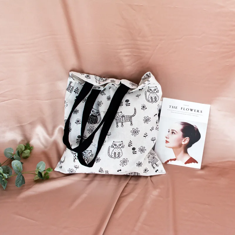 Черная кошка цветок эко многоразовая хозяйственная сумка большая
