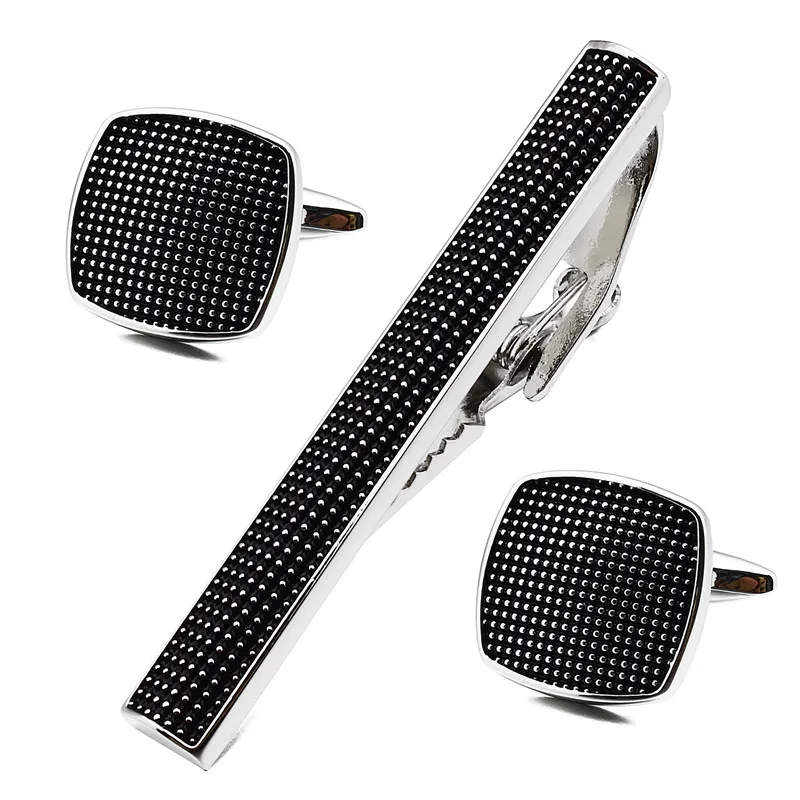 

Square Black Enamel Silver Man Shirt Cuff Links and Tie Bar Clips Set for Business Accessories Best Gift for Man