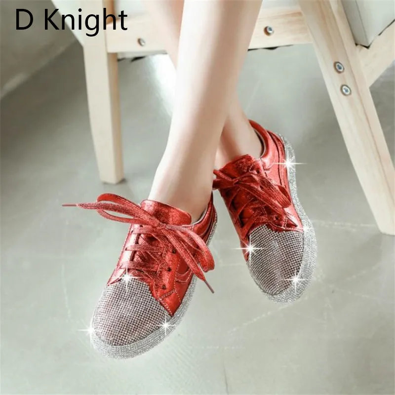 Classic Women PU Leather Shoes Bling Crystal Female Casual Sneakers for Woman Lace Up Plus Size 44 Rhinestone Ladies Flats Shoes (19)