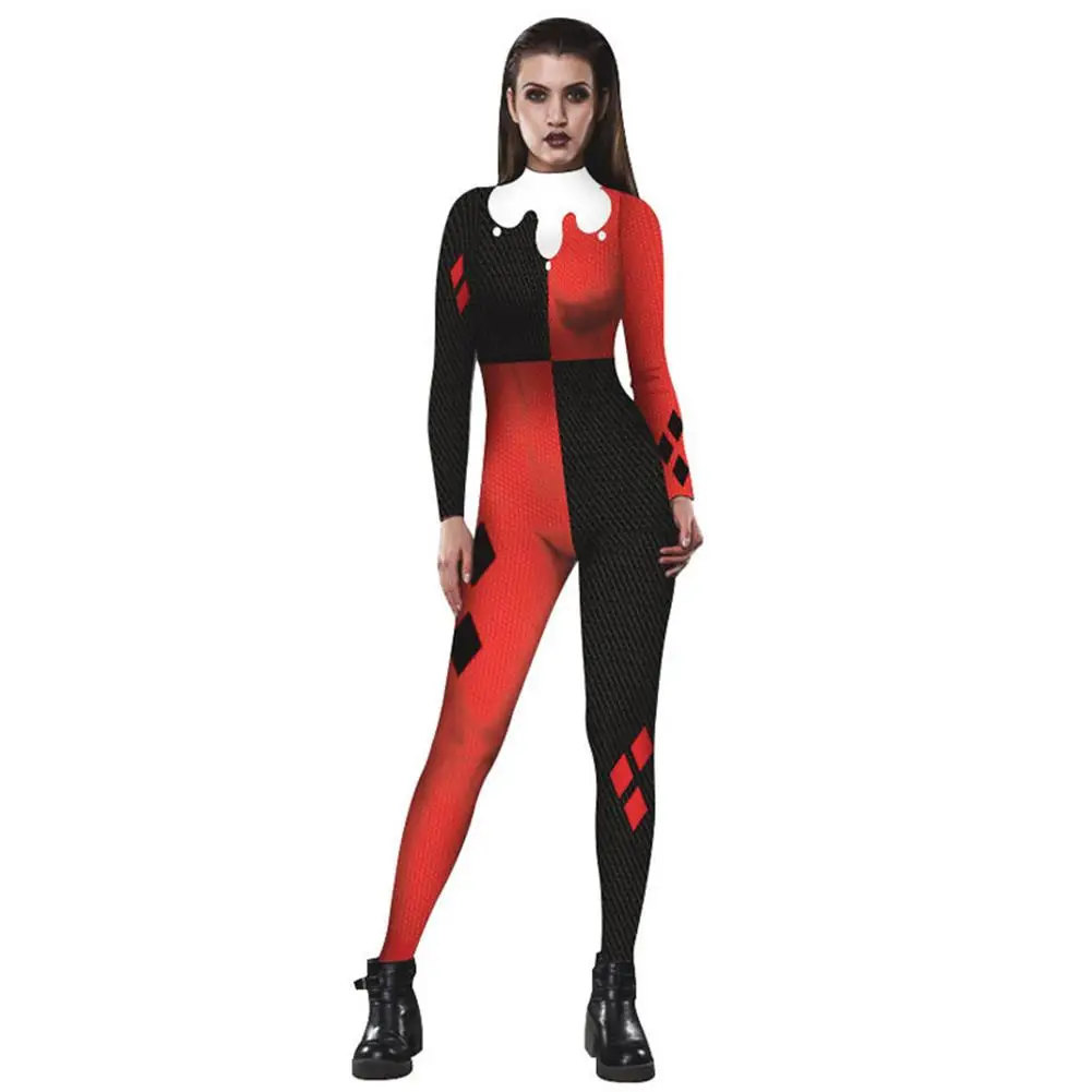 Tanie Samobójstwo Squad Harley Quinn kombinezon Catsuit Sexy Cosplay kostiumy Halloween kobiety body przebranie kostiumy damskie rozmiar S XL