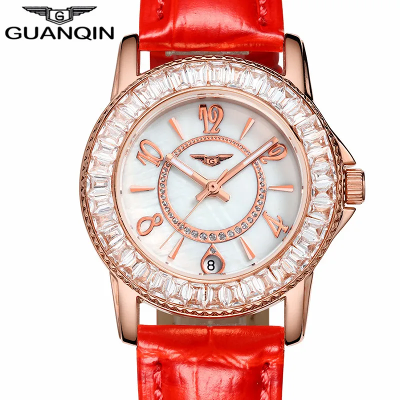 relogio feminino Watches Women Fashion GUANQIN Gold Case Red Leather Quartz Watch Luxury Ladies Diamond Wristwatch montre femme