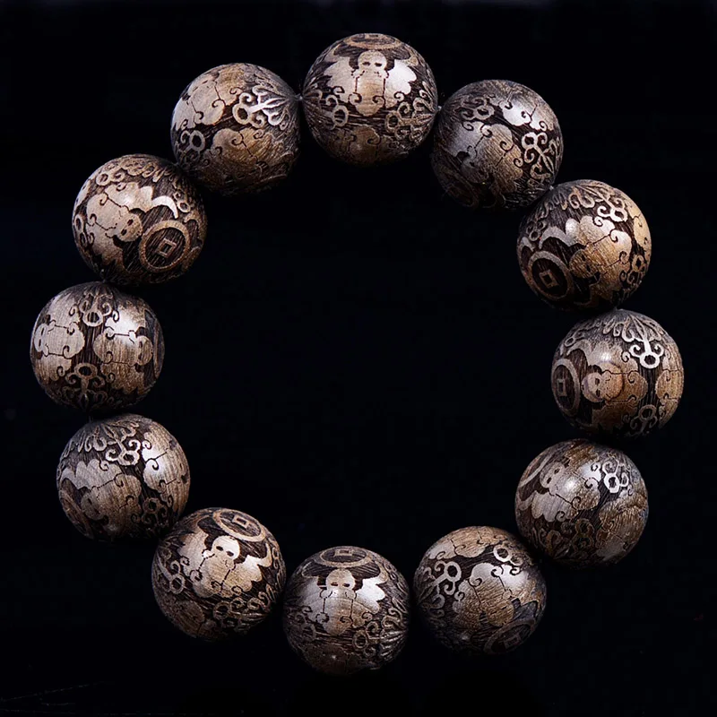 BOEYCJR 20mm Carving Buddha Mantra Beads Bangles& Bracelets Ethnic Vintage Jewelry Lucky Energy Bracelet For Men Gift