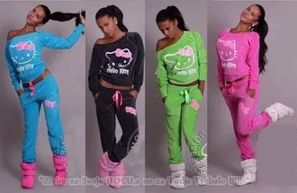 

2016 Autumn New Women Hello Kitty Printed cotton Sweatshirts Hoodies Sport Suit Women casual hoodies 2 PCS jogging femme