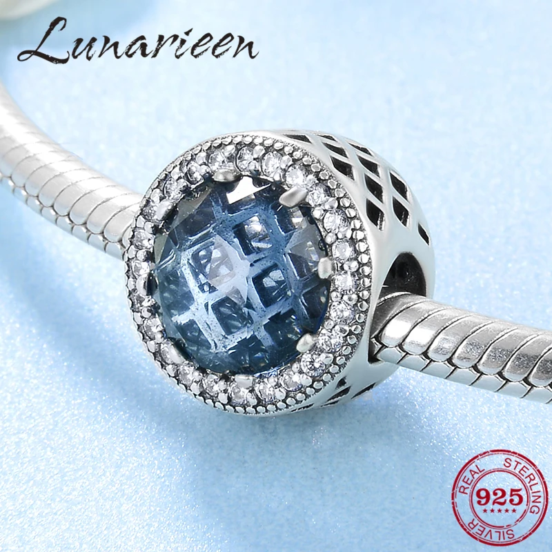 

Fashion round 925 Sterling Silver hollow out square shape blue CZ fine Bead Fit Original Pandora Charm Bracelet Jewelry making