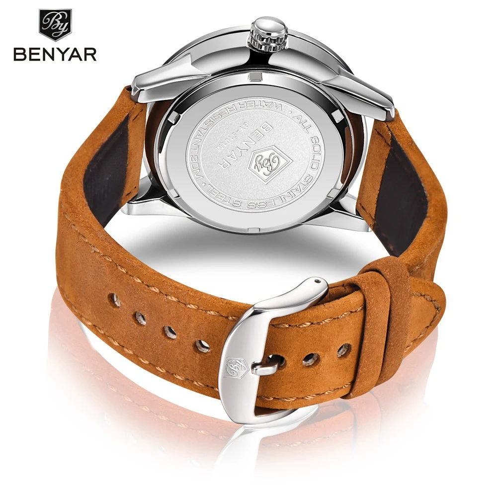 BENYAR Top brand Полный Календарь мужские часы коричневый кожаный кварцевые черный
