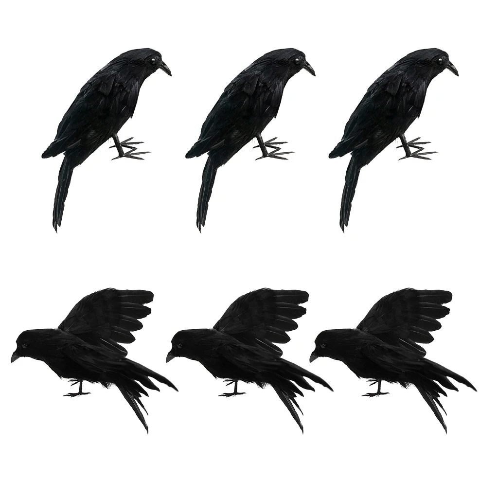 Set 6 Pieces Artificial Realistic Woodland Birds Black Raven For Garden Tree Wedding Party Decoration