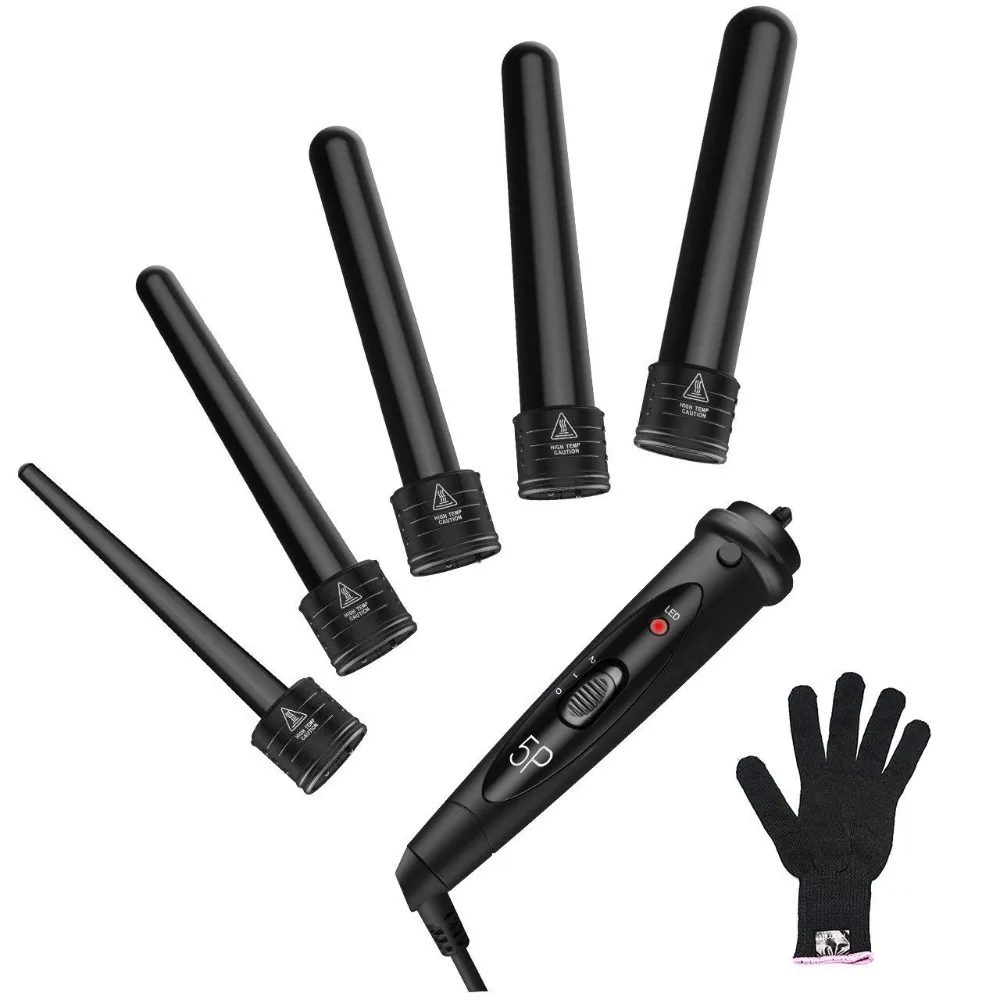 

5 in 1 Curling Wand Set with 5 Interchangeable Hair Wand Curling Iron Ceramic Barrels and a Heat Protective Glove