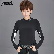 1417 эластичная хлопковая Повседневная Женская Футболка Harajuku с стоячим воротником уличная одежда с длинным рукавом футболка хип-хоп с буквенным принтом Тонкая Повседневная