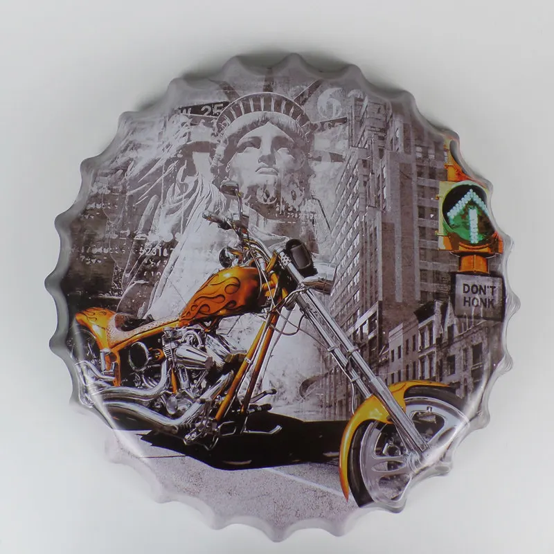 Kaufen Zinn Motorrad Zeichen Relief Runde Flasche Kappe Vintage Zinn Zeichen Bar Pub Home Wand Decor Metall Kunst Poster 3D Stil 40 CM