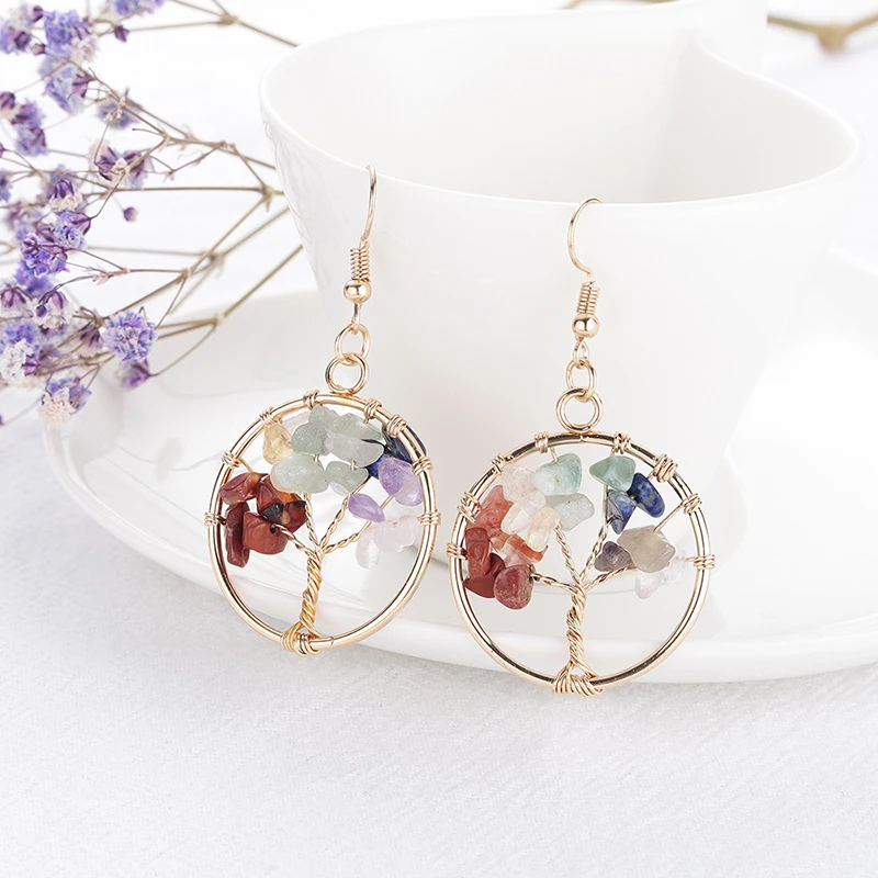 

Tree Of Life Piercing Earring Round Natural Chip Gem Stone Opal White Crystal Wisdom Tree Drop Earring Jewelry For Women Friend
