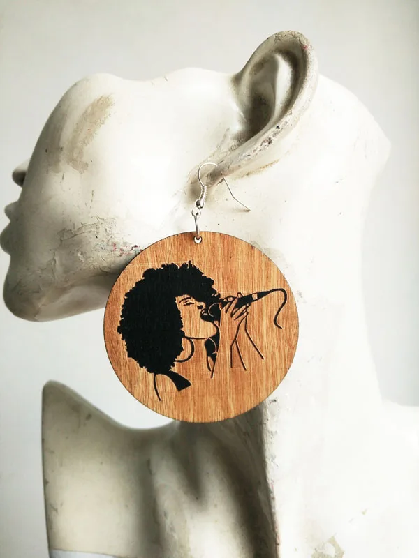 

1 pair Love music microphone girl silhouette fashion popular wood earings for women K-041