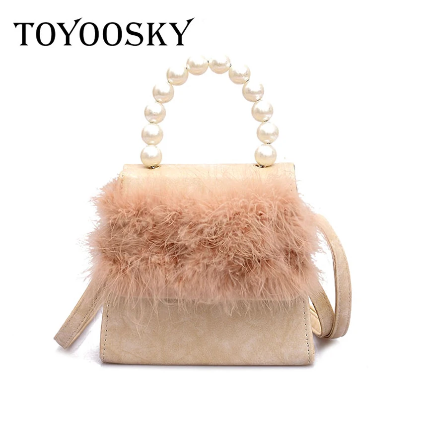 

TOYOOSKY Women Pearl handle Shoulder Bags Ladies Handbags Round with Fur Messenger Crossbody Bags for Girls Ladies Flag Females