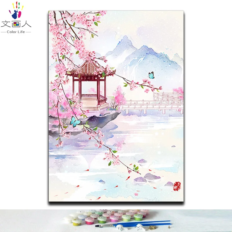 diy coloring Paints by numbers traditional chinese style building landscape flowers with kits for girls to practise painting - Цвет: 9207