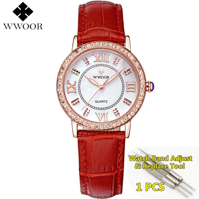 Женские часы красный ремешок из натуральной кожи женские часы со стразами женские новые брендовые Модные Простые водонепроницаемые Montre Femme - Цвет: red