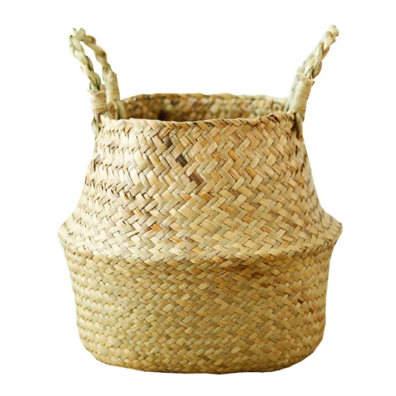 Garden Plant Flower Pot Handmade Rattan Storage Basket Foldable Seagrass Straw Hanging Woven Handle Toy Storage Container 1Pc