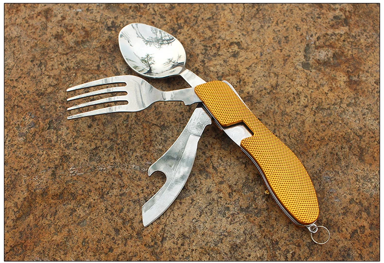 4 in 1 Outdoor Tableware (ForkSpoonKnifeBottle Opener) Camping Stainless Steel Folding Pocket Kits for Hiking Survival Travel-8