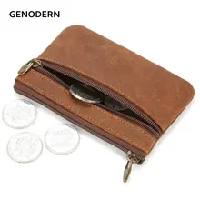 GENODERN Vintage Crazy Horse Leather Men's Coin Purse Genuine Leather Zipper Coin Wallet Retro Key Holder Small Money Bag