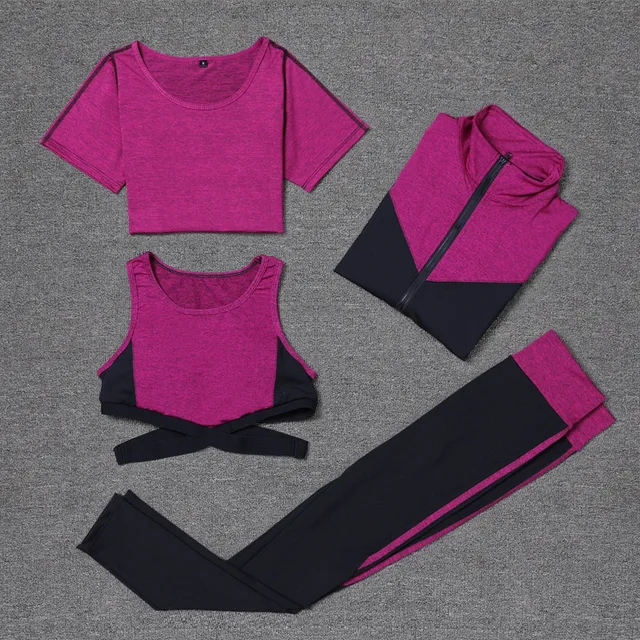 Quick Dry Yoga Set 4 PCS Workout Tight Sexy Top Sport Suit Gym Running Shirt Pants Sport Bra Women’s tracksuit