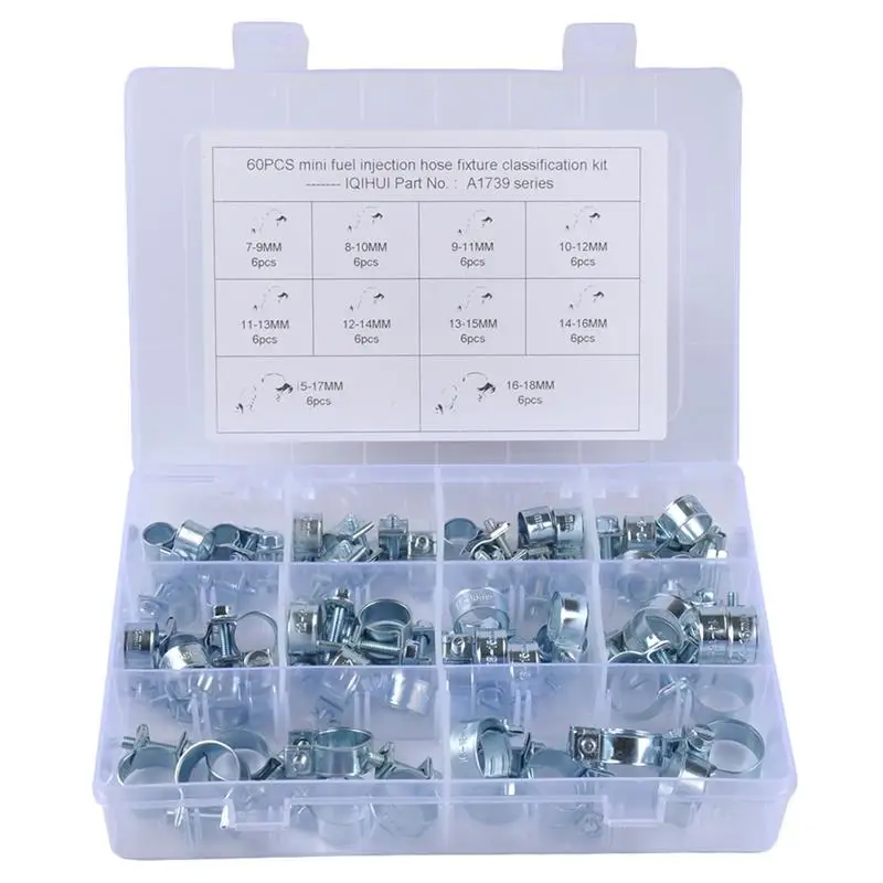 

60Pcs 10 Size 7-18Mm(2.7-7Inch)Fuel Injection Style Hose Clamp Assortment Kit For Hose Pipe