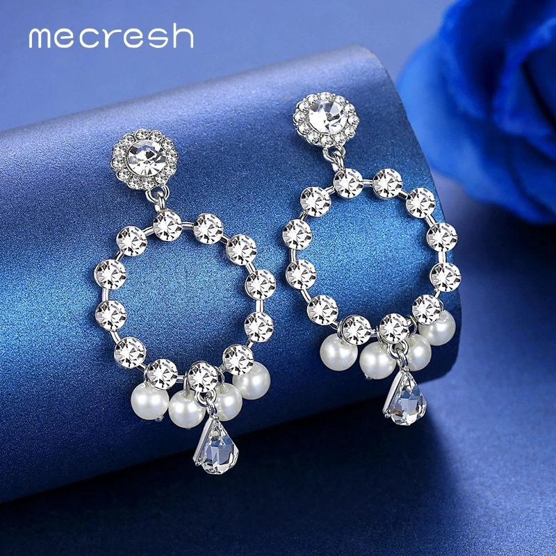 

Mecresh Cute Simulated Pearls Bridal Drop Earrings for Girls Korean Fashion Silver Color Crystal Round Christmas Earrings EH1149