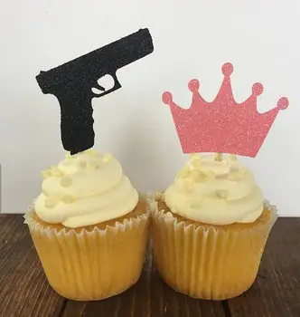 

glitter guns or crowns Gender Reveal cupcake toppers birthday baby shower baptism doughnut food treats picks party toothpicks