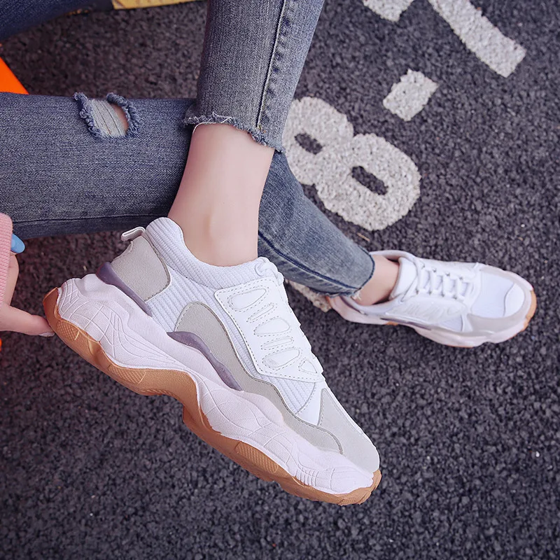 

Women Vulcanize Shoes Summer Leather Casual Shoes Women Shoes Mesh Breathable Chunky Platform Sneakers For