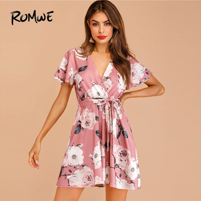 ROMWE/розовое летнее платье с цветочным принтом и поясом, женское платье в стиле бохо, короткий рукав, v-образный вырез, высокая талия, короткие платья трапециевидной формы