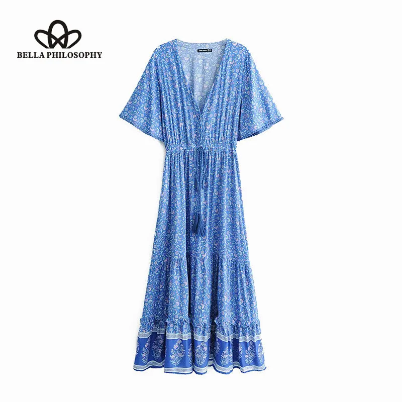 Wonder Boho Chic Summer Vintage Floral Print Pleated Long Dress 2019 Fashion V Neck Short Sleeve Beach Dresses Femme Vestidos