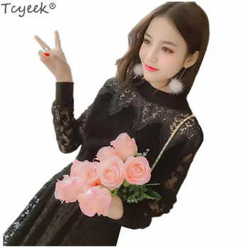 

Tcyeek Women Fashion Long Dresses 2019 Early Spring Female Clothes Lace Knitted Black Dress Girls High Quality Clothing LWL130