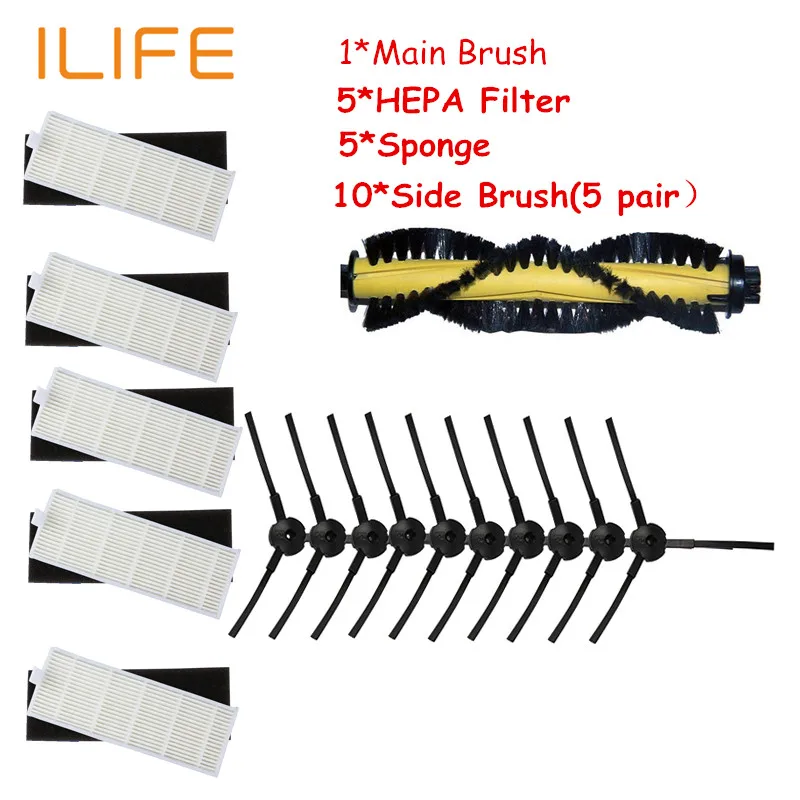 

1*Main Brush+5*HEPA Filter+5*Sponge+10*Side Brush for ILIFE A4 Robot Vacuum Cleaner Parts chuwi ilife a4 T4 X432 X430