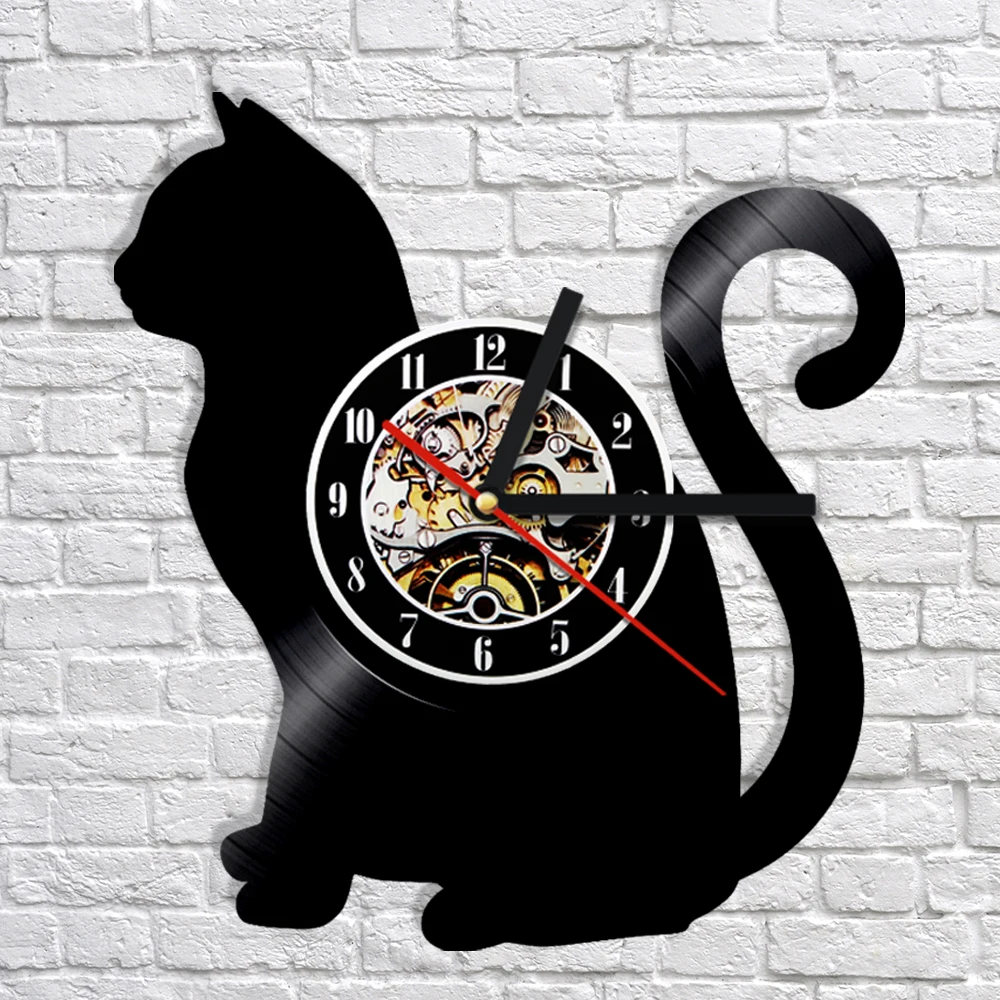 Виниловые часы Cat Silhouette с изображением котят животных кошек кварцевые ручной