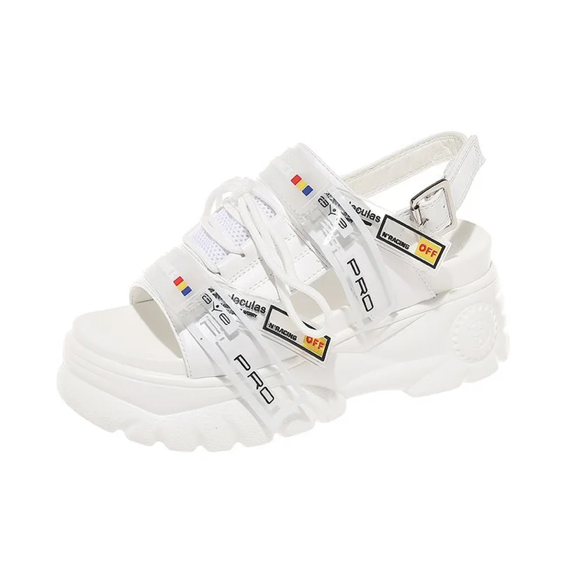 2019 Summer Chunky Sandals Women 8cm Wedge High Heels Shoes Female Buckle Platform Leather Casual Summer Slippers Woman Sandal