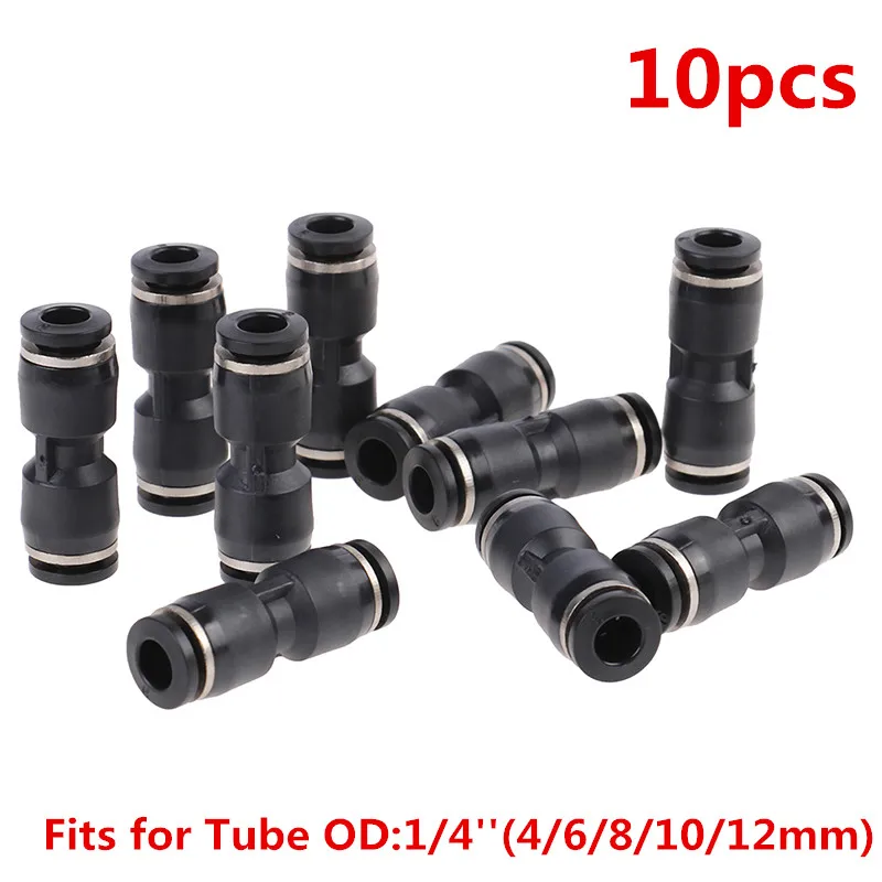 10pcs Tube Od 4/6/8/10/12mm Pneumatic Straight Push Connector Air Line Quick Fitting Black Color Maximum Pressure 1.2Mpa