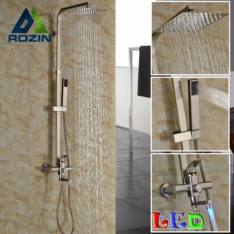 

New Design LED Light Tub Spout 8" Rainfall Shower Head + Hand Shower Bathroom In-wall Shower Faucet Set Brushed Nickel