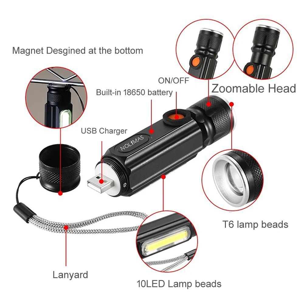 USB зарядное устройство светодиодный фонарик 18650 3800LM фонарь 4 режима Масштабируемые тактический T6 COB магнитные фонари XML Открытый Кемпинг Lanterna