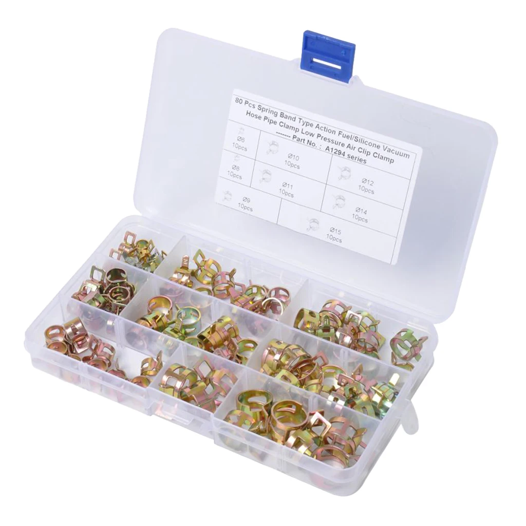 80Sets Mixed Spring Clips Fuel Hose Line Tube Pipe Air Tube Clamp Cooling System Replacement Part 6-15mm