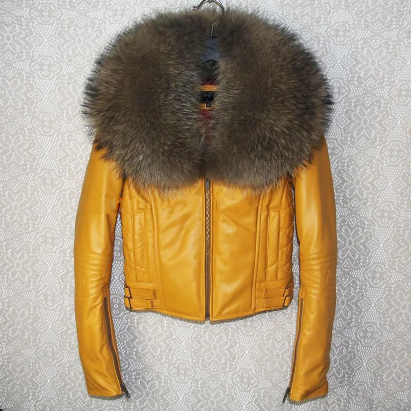 Натуральная женская куртка из овечьей кожи Натуральная Овечья кожаная куртка с воротником из меха енота на молнии пальто высокого качества - Цвет: yellow