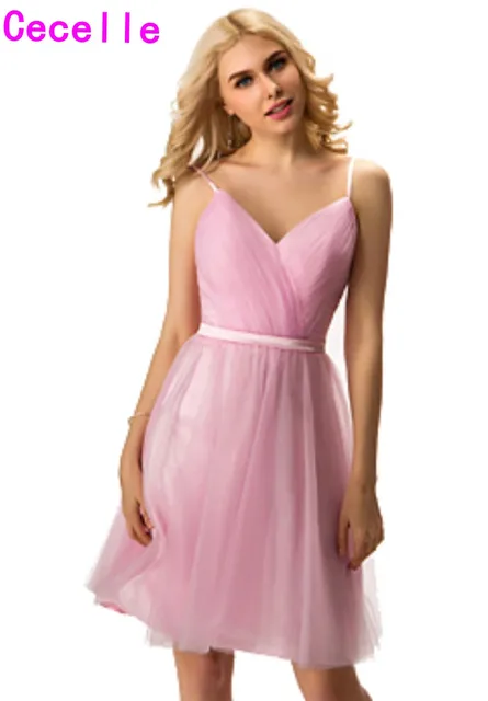 Special Price 2019 New Real Pink Short Bridesmaid Dresses With Spaghetti Straps V Neck Pleats Tulle Knee Length Boho Informal Bridesmaid Robes Special Price 2019 New Real Pink Short Bridesmaid Dresses With Spaghetti Straps V Neck Pleats Tulle Knee Length Boho Informal Bridesmaid Robes