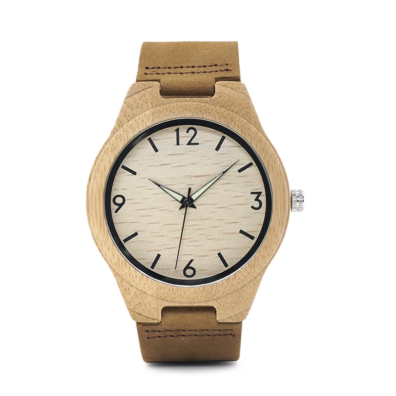 BOBO BIRD Bamboo Men Watches With Night Light Pointer Real Leather Quartz Watch relogio masculino Gift for Man Accept Logo W-A40