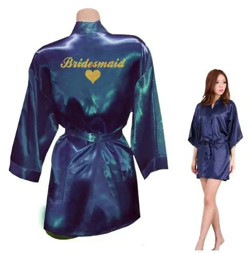 Bridesmaid Robes Bridesmaid Heart Golden Glitter Print Faux Silk Kimono Robes Wedding Gift Bride Team Bachelorette Lov - Цвет: navy Bridesmaid