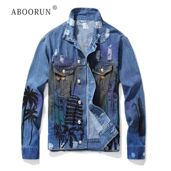 

ABOORUN Men's Fashion Denim Jackets Hi Street Hawaii Trees Ripped Denim Jackets Spring Autumn Coat for Male R766