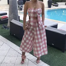 Sexy 2018 Womens Two Piece Set pink blue Plaid Bow Strapless Off Shoulder Casual Crop Top Long Pants Ladies 2 Piece Sets women