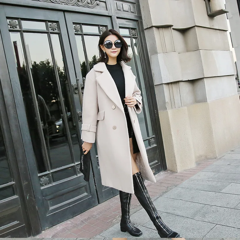 Office Lady Slim Women Long Wool Blend Coat Double Breasted Cashmere Jacket Turn-down Collar Ladies Coats | Женская одежда
