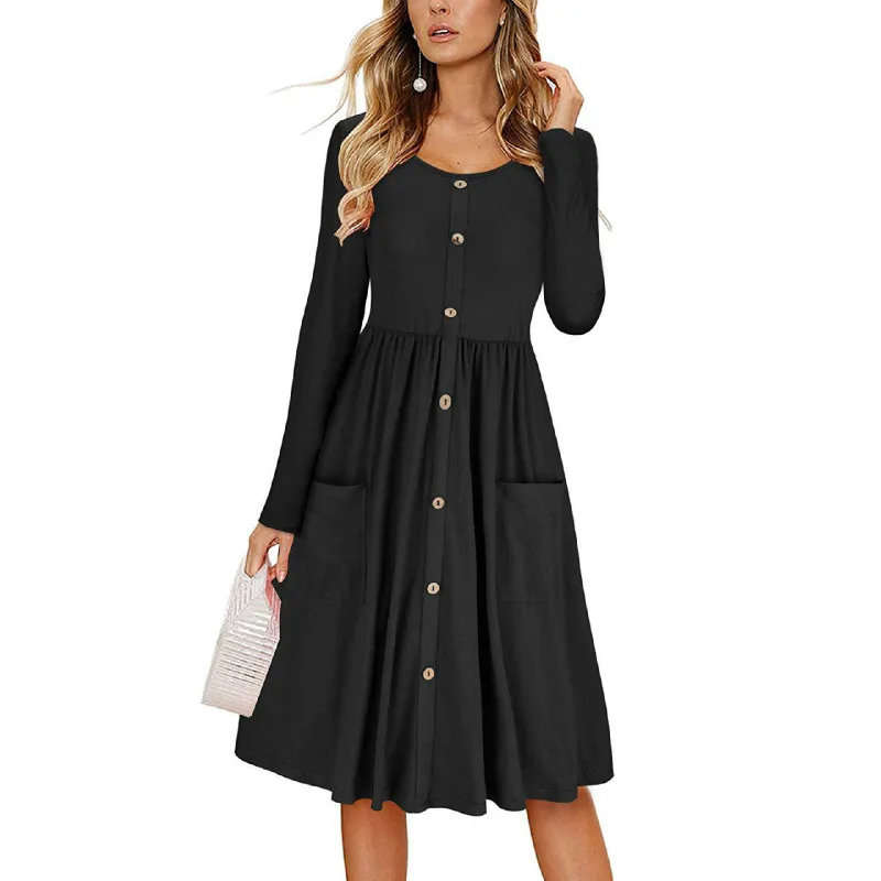 2018 New Autumn Winter Dress Women Long Sleeve Button Pocket Slim Elegant Dress Pure Color Party Dress Dresses