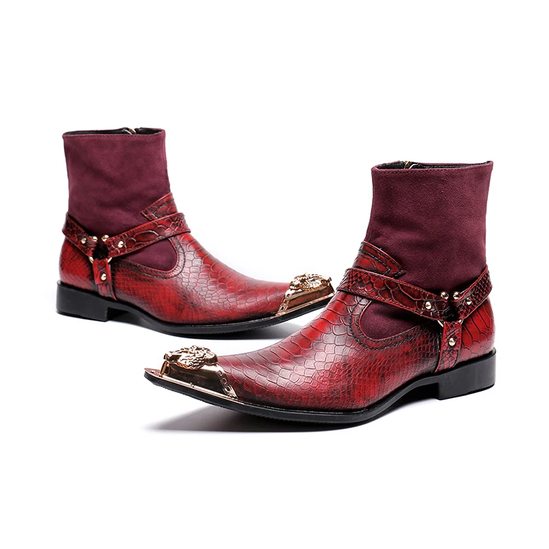 

Genuine Leather red zip slip-on ankle boots fashion low heel oxford animal pattern rivet Martin boots men size 38-46