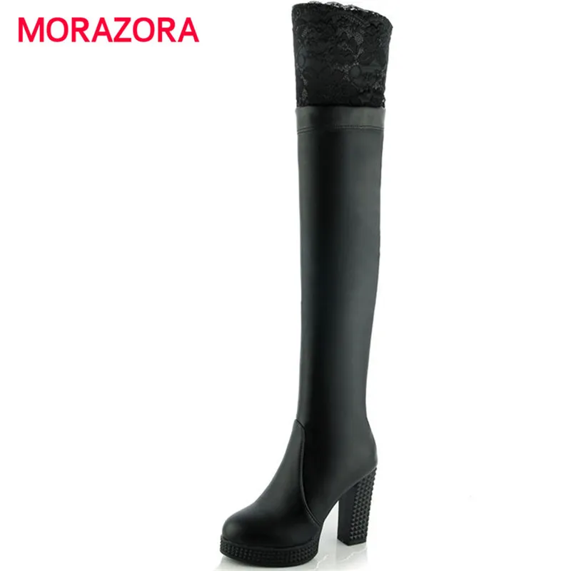 

MORAZORA 2018 new high quality pu leather boots round toe square heel over the knee boots fashion super high heel women boots