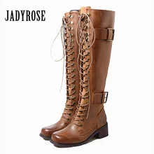 Jady/женские сапоги для верховой езды на шнуровке в стиле панк; сапоги до колена на высоком массивном каблуке; женская резиновая обувь на платформе с пряжкой