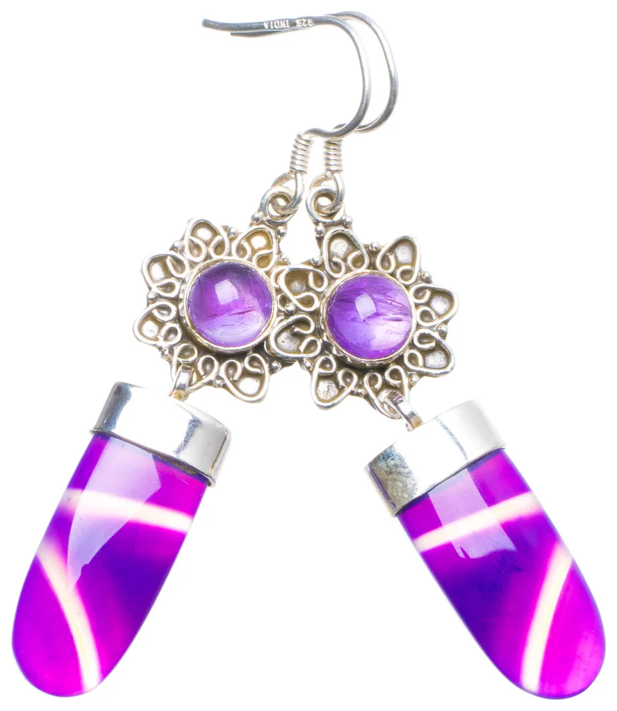 

Natural Botswana Agate and Amethyst Handmade Unique 925 Sterling Silver Earrings 2.25" X4577