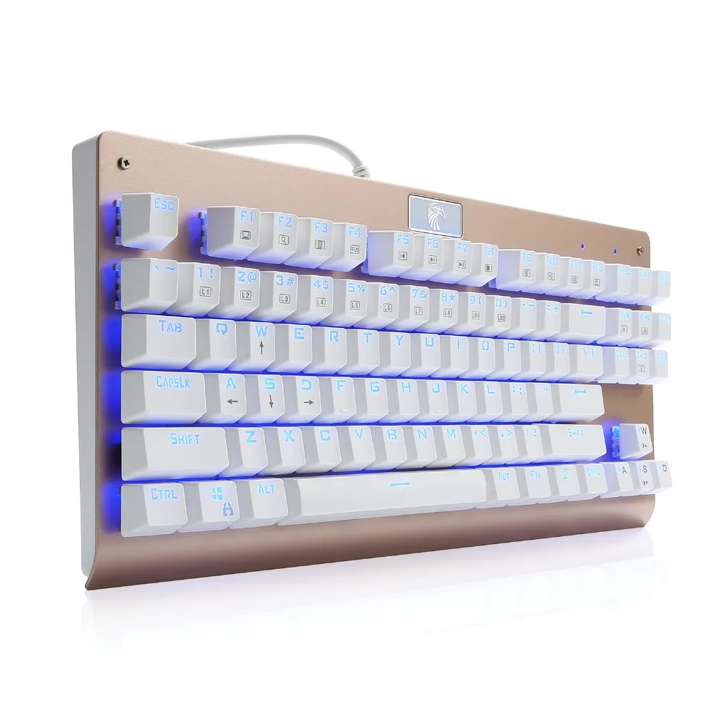 

Z-77 Eagle White Mechanical Keyboard Blue LED Backlit 87 Keys without Numpad Blue Switches Gaming Rose God Aluminum Keyboard
